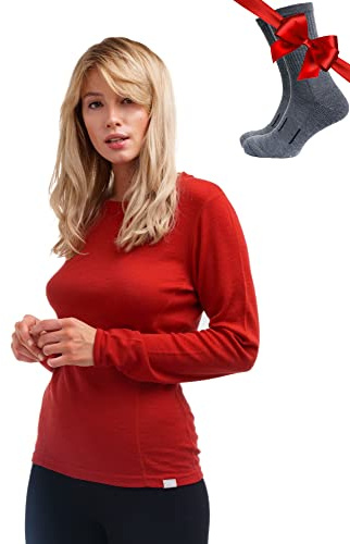 Merino.tech Merino-ull baslager kvinnor – 100 % merinoull tungvikt, medelvikt, lätt långärmad termisk skjorta och strumpor, 250 körsbärsröd, M