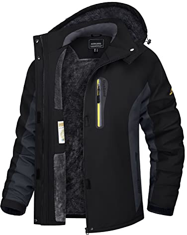 TACVASEN Skijacke Damen Warm Winterjacke Wasserdicht Atmungsaktiv Fleece Softshelljacke Outdoor Funktionsjacke mit Kapuzen Schwarz Grau 2XL