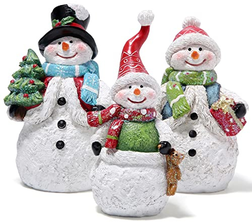 Hodao Snowman Figurines Set of 3, Hand-Painted Resin Christmas Ornaments, Indoor Home Decor for Mantel, Shelf & Tiered Tray, Glitter Accents, Gift-Ready Holiday Decorations
