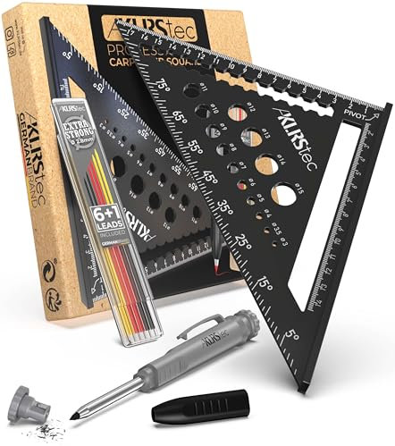 KLRStec Professional Zimmermannswinkel Set – Hochwertiges Tischlerwinkel Set inkl. Tieflochmarker [+Minen] Metall Messwinkel Werkzeug-Set