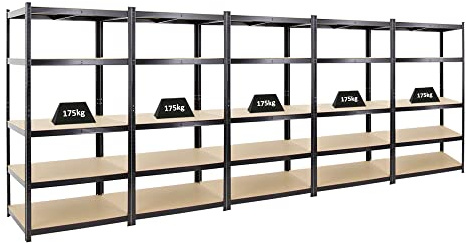 PROREGAL Mega Deal 5X Schwerlastregal Taurus Schwarz 180x90x60cm mit Fachlast 175kg Kellerregal, Steckregal, Garagenregal, Lagerregal