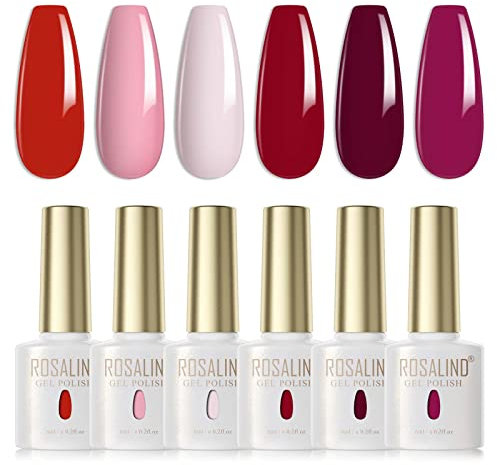ROSALIND Smalti Semipermanenti Rosa Chiaro Rosa Rosso Rosso Scuro Vino Rosso 6 Pcs Smalto Semipermanente UV LED Smalto Per Unghie Soak Off Gel Polish