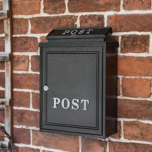 Black Oxford Wall Mounted Post Box with Silver Text | Traditional Style Secure Mailbox for Home or Office Outdoor Use Decorative Wall Mounted Organiser Stylish Front Door Accent