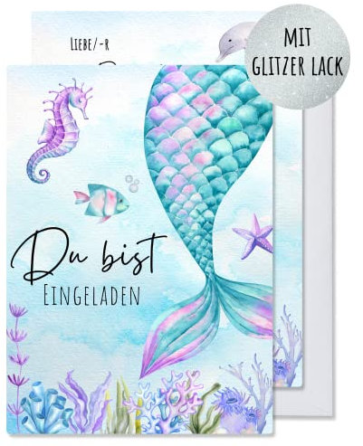 Generisch 12x EINLADUNGSKARTEN + passende Umschläge für Mädchen Kindergeburtstag - süße Glitzer Karten Set mit Meerjungfrau Motiv