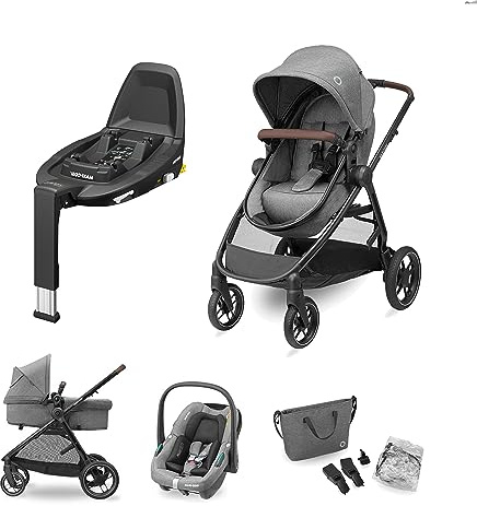 Maxi-Cosi Zelia S Trio 3-in-1 Travel System, FamilyFix3 Base Bundle - Baby Pushchair Travel System incl. CabrioFix S i-Size Car Seat, 0 - 4 Years, Up to 22 kg, Grey + FamilyFix3 ISOFIX Base, Black