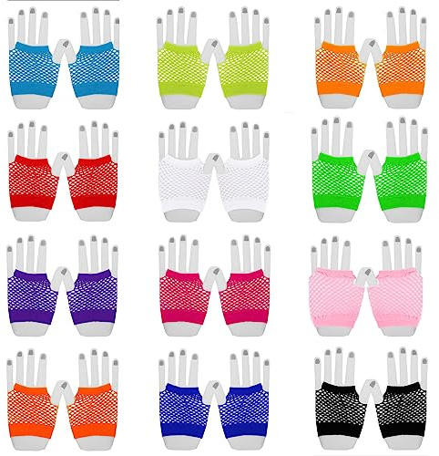 LHKJ 12pcs Gants en Maille Fluo des Années 80, Gants Demi-Doigts en Résille pour Femme Homme, Gants de Filet de Pêche Créatifs de Collocation