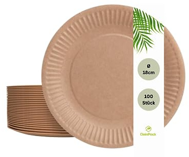DeinPack 100 Pappteller 18 cm Ø braun rund recycelbar für Partys Geburtstag | recycelbares Partygeschirr, für Geburtstag & Partys, umweltfreundlich, biologisch abbaubar
