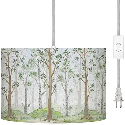 WYLZ0123xzan Plug in Pendant Light Watercolor Fairy Forest Childrens Interior Hanging Lamp with Plug in Cord 16.4 ft Dimmable Switch Fabric Shade Hanging Light for Bedroom Kitchen Island Living Room