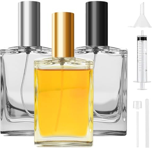 Samulee 3 Stück Parfümzerstäuber Nachfüllbar Glas 30ml für Frauen Männer | Parfum Flakon Leer mit Flach und Quadratisch Form, Parfümflasche Leer Transparent(Kappen in Gold, Silber und Schwarz)
