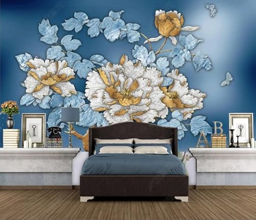 TUJU Relief bunt geschnitzte goldene Pfingstrosen TV-Hintergrundwand*300 cm x 210 cm (118,1 x 82,7 Zoll) Wandbilder Hintergrundbilder Fotos Poster Anpassung Anpassung