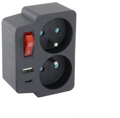 CHACON Biplite Domino 2X16A + 1xUSB-A + 1xUSB-C avec Interrupteur Noir