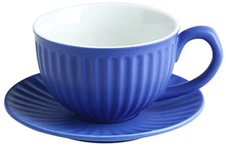 MULAIDI Tazza da caffè in ceramica blu a coste con piattino set per colazione al latte tazza da tè piatto bicchieri acrilici Bicchieri da 700 ml