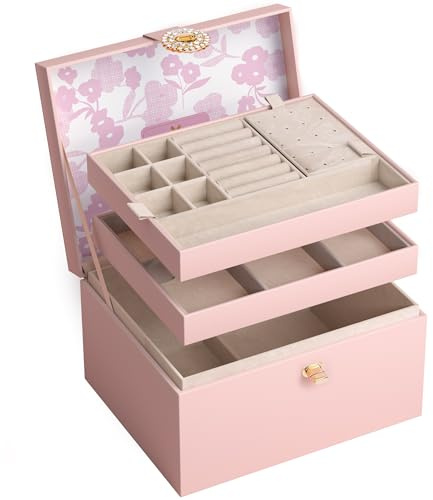 ADEL DREAM Schmuckkästchen Schmuckschatullen Schmuckaufbewahrungsbox Schmuckbox mit Knöpfen Geburtstags- und Feiertagsgeschenke für Damen Töchter und Freunde Rosa