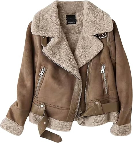 NIUVOO Women's Leather Faux Leather Jackets Thick Fur Lined Jacket Coats Warm Fur Collar Zipper Moto Biker Coat Fleece Jacket Winter