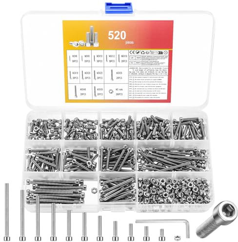520 PzViti M3, Set di Bulloni e Dadi Set, Bulloni Viti a Testa Esagonale Incassata, Vite a Testa Bombata con Esagono Incassato, Viti a Brugola in Acciaio Inox