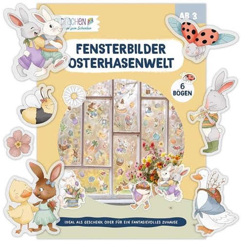 Pappersdrake, fönsterklistermärken, påskkaninvärld – 6 klistermärkesark med glada påskmotiv – barnrum – fönsterdekoration – statiskt självhäftande – påskset 01