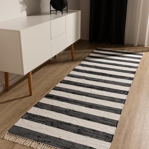 benuta Basic Baumwollteppich Tom - Schwarz/Creme 70x200 cm - Handgewebter Wohnzimmer Teppich - 100% Recycelte Baumwolle - Für Fußbodenheizung geeignet
