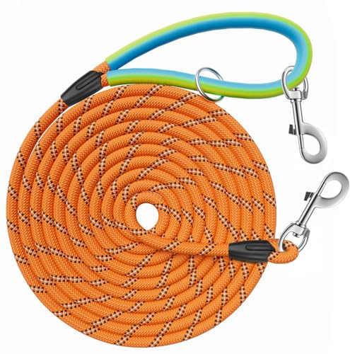Aystkniet Longe pour Chien, 5M 10M 15M 20M 30M Laisse de Dressage avac Crochets Pivotants aux Deux Extrémités, Longue Laisse Corde d'attache pour Petits, Moyens, Grands Chiens (Orange, 15M * 8MM)