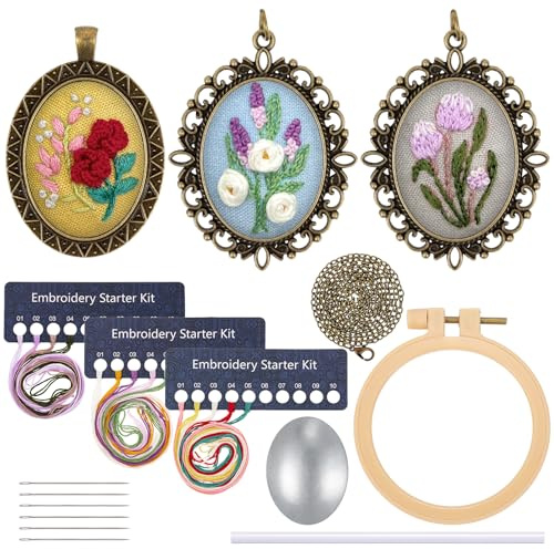 JSRQT 3 Piezas Kit de Colgantes de Collar con Bordado de Flores, Kit de Bordado para Adulto Principiantes, Mini Kit de Punto Cruz Estampado, Kit de Inicio Colgante de Bordado Hecho a Mano con Cadenas