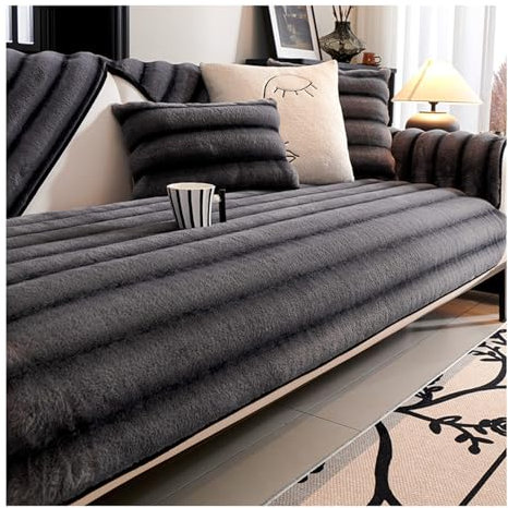 Tauzveok Lang Sofa Schoner, Sofabezug Kaninchensamt,Verdickt Plüsch Sofa überzug 3 Sitzer, Eckcouch Antirutsch Decke, für Sofaüberwurfe Sofaschoner rutschfest,Dark Gray,70 * 210cm