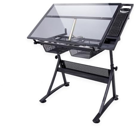 Verstellbarer Zeichentisch, 80° neigbare Zeichentischplatte mit gehärtetem Glas, Zeichentisch-Künstlerschreibtisch mit 2 Schubladen, Kunsttisch für Erwachsene, Homeschool-Studio