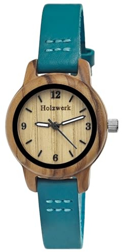Holzwerk Germany Handgefertigte Kleine Öko Damen-Uhr Öko Natur Holz-Uhr Leder Armband-Uhr Analog Klassisch Quarz-Uhr in Schwarz Braun Rot Blau Türkis