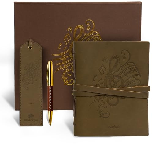 Sovereign-Gear Leather Journal Gift Set – Embossed Music Notes Design - Handmade Buffalo Leather Notebook with Pen & Bookmark - Vintage 8x6” Unlined Writing Journal for Men & Women in Premium Gift Box