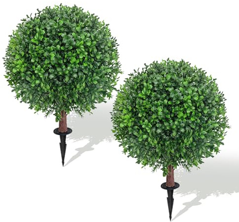 26 Artificial Boxwood Topiary Ball Tree with Ground Plugs [Set of 2] UV Protected Artificial Shrubs, Fake Evergreen Artificial Plants for Indoor and Outdoor Porch Garden