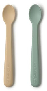 Muchmellow - Set Repas Bébé de 2 Cuillères en Silicone avec Étui de Voyage, Ergonomiques, MADE IN ITALY Sans Plastique, Sans BPA, Fabriqué en Italie, Lavable au Lave-vaisselle (beige + vert)