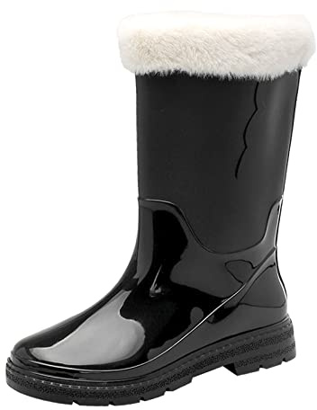 Stivali di gomma da donna, foderati, caldi, impermeabili, antiscivolo, da cucina, in plastica, alla moda, perfetti, comodi e imbottiti, impermeabili, Nero , 40 EU