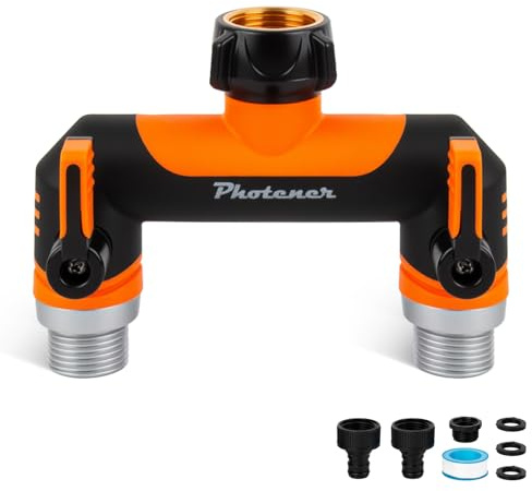 Photener 2 Way Hose Splitter - for 3/4 Outside Tap with Quick Connectors, 2 Leak-Proof Flow Valves, Frost-Proof Rubber Coating, Easy-Operate Long Handle - for Garden & Washing Machine