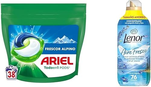 Ariel PODs Todo en 1, Detergente Líquido En Cápsulas Frescor De Los Alpes Cápsulas, 38 Lavados + Lenor Aire Fresco Suavizante Para Ropa Frescor Alpino 76 Lavados, 1.064L