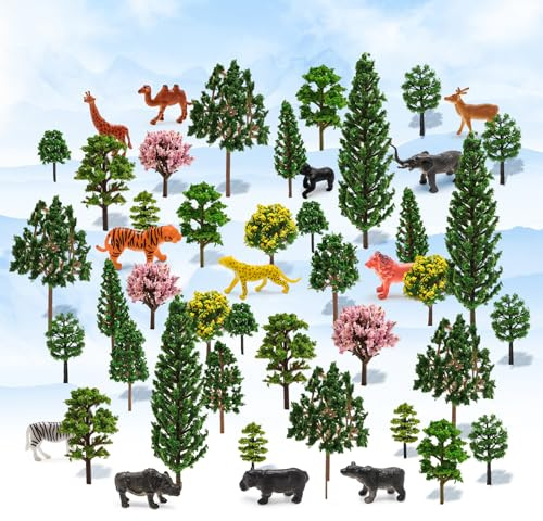 JUNUNDJING 40 Stück Modellbau Bäume (3-13 cm), 12 Stück Waldtiere Figuren (5x3-5.5x4 cm), Miniatur Bäume Diorama, für Modelleisenbahn Zubehör, Miniatur Deko, Modellbau Zubehö, Feengarten Zubehör