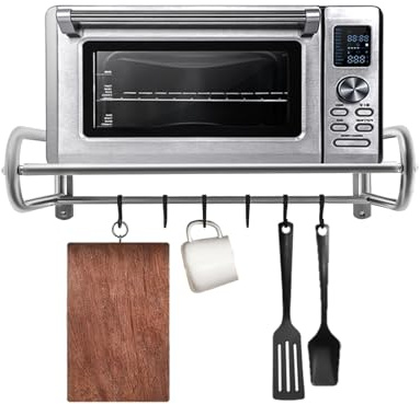 Haoxuesen - Soporte de pared para microondas, estante para microondas, con 6 ganchos, acero inoxidable hasta 30 kg, soporte de pared de almacenamiento de cocina, para colocar diversos objetos y