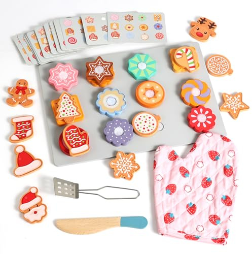 WOODENFUN Weihnachten Hölzernes Plätzchen Spiel Essen Set für Kinder, Küchenzubehör Lebensmittel Spielzeug für Kinder, Cookie Spiel Scheiben und Backen Geschenk für 3 4 5 Jahre (Weihnachtskekse)