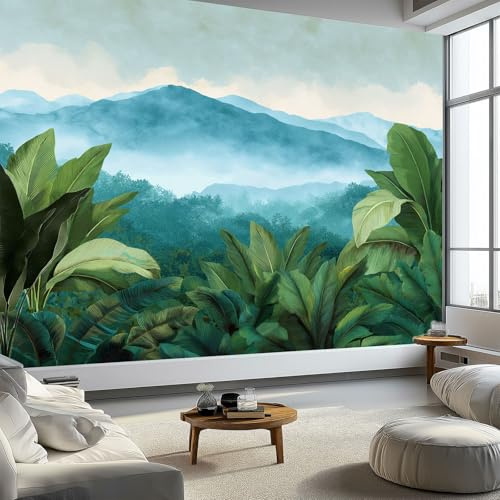 Papier Peint Panoramique Jungle Plantes Forêt Tropicale Montagnes pour Salon Chambre, Mur TV - Décoration Murale Intérieure Aquarelle Peinte À La Main Poster Papier Peint Intissé 250 x 175 cm