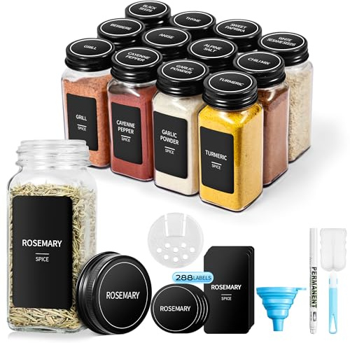 BAVATEE Botes Especias Cristal Set, con Tapa Negros de Rosca, 12 Piezas, 120 ml - 10,5 X 4,5 cm, Spice Jars con Tamiz, Tarros Especias con 288 Etiquetas, Frascos Especiarias con Embudo (12, 120ml)