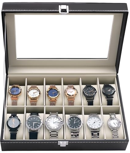 ATPEAM Watch Box 12 Slot, Watch Case with Glass Lid, PU Leather Exterior & Removable Cushions, Gift Idea for Birthday Christmas