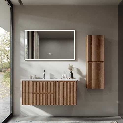 BRIDGE BENO 100 cm Hängeschrank Mit Mineralharzspüle, 2 Schubladen Und Tür, Ultradünn, Soft-Close, Gerippter Akzent, Geeignet Für Große Badezimmer, Forest Walnut