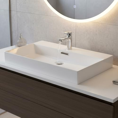 Lavabo Da Appoggio Rettangolare 70x45 Cm In Resina Bianca – Lavandino Bagno Moderno Design Slim Altezza 9 Cm – Linea Monza