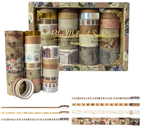 xolear Retro Washi Tape Set Många Retro Element | Masking Tape Scrapbooking, dekorativ tejp för konst, Bullet Journal, Scrapbooking, DIY, förpackning (brun)