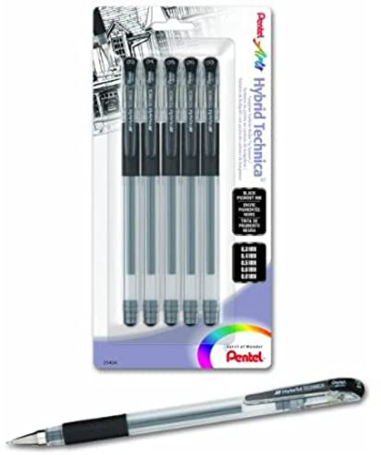 Pentel Arts Hybrid Technica Gel Pen Unterschiedliche Spitzengrößen Pack of 5 schwarz