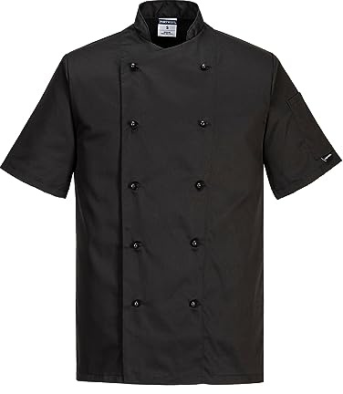 Portwest C734 Chaqueta De Chef Para Hombres Blancos Manga Corta Negra, XXXL