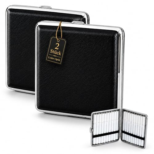 Sunmondo Zigarettenetui 2er Set, Zigarettenbox aus Metall mit Leder-Optik, schwarz, für 20 Standard-Zigaretten, kompakte Zigarettenhülle für Tasche, robustes Etui für Damen und Herren