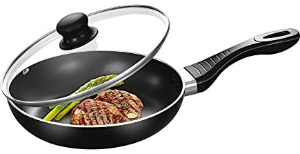 Qesnox Non Stick Induction Frying Pan with Lid and Heat Resistant Handle, All Stoves Compatible. PFOA, BPA Free. 3 Layers of Non Stick Scratch Resistant Coating. 24CM