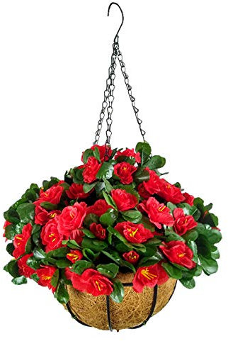 Künstliche Rhododendron-Seide, rote Blumen, künstliche Blumen, Azaleen-Kette, Hängekorb mit Blumentopf für drinnen und draußen, Garten, Balkon (kleiner Korb)