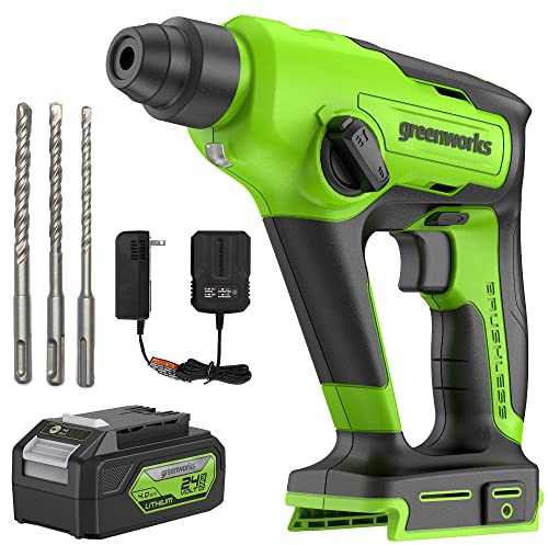Greenworks Marteau perforateur rotatif sans fil SDS 1.2J 24 V, marteau perforateur sans balais de 2,5 cm pour béton, 2 modes et vitesse variable, batterie 4 Ah et chargeur inclus