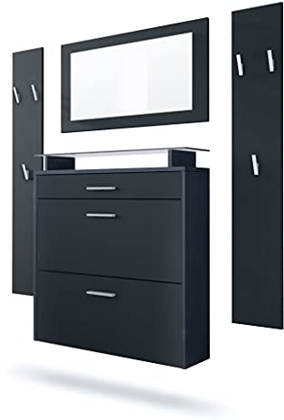 Vladon Garderobe Malea, Garderobenset bestehend aus 1 Hängeschuhschrank, 1 Wandspiegel und 2 Garderobenpaneele, Anthrazit matt/Schwarz matt