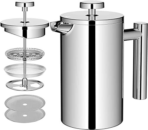 MaxMiuly 4 Cup Cafetiere Stainless Steel Double Wall French Press (Silver, 600ml)
