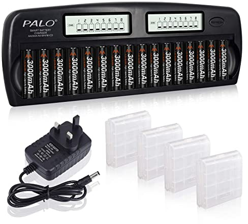 CITYORK 16 Slots Battery Charger Kit With 16 Pack AA 3000mAh Low Self Discharge Ni-MH Double A Batteries, For AA/AAA NiMH/NiCd Household Rechargeable Batteries with Refresh Function & AC Wall Charger